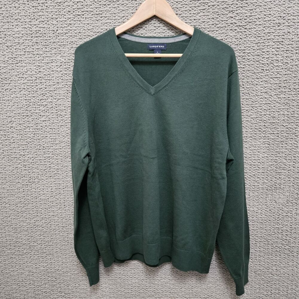 LANDS' END Men's Sweater Green V-Neck Cotton Knit Long Sleeve Size L